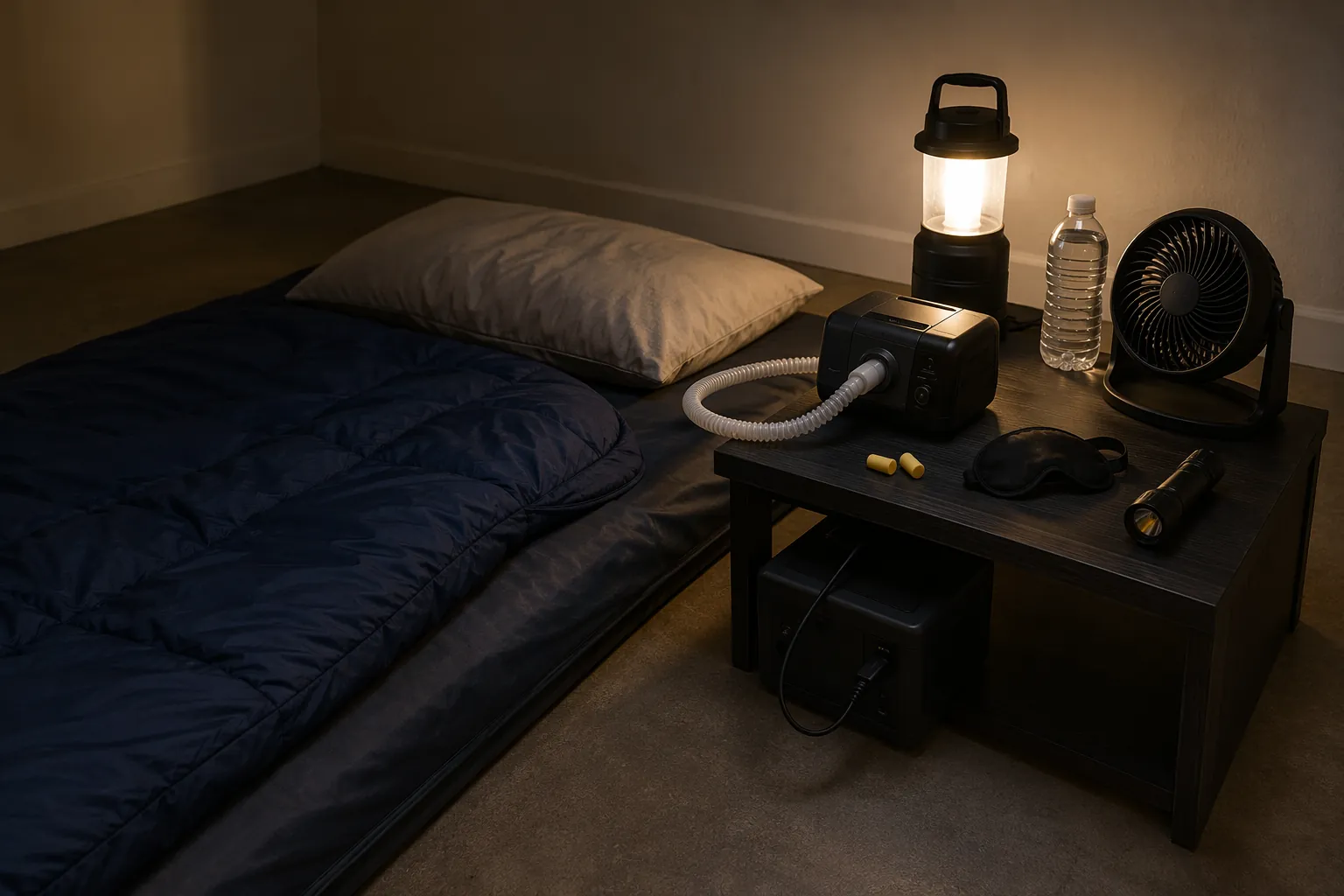 Interior hurricane backup sleep zone with mattress, CPAP battery, earplugs, eye mask, flashlight, water, and fan