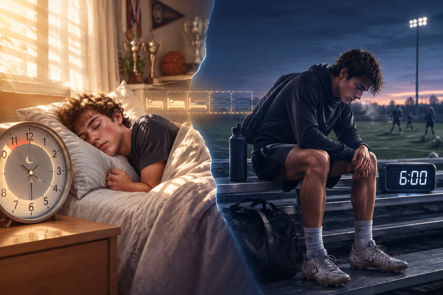 Split scene of a teenage athlete sleeping peacefully and the same athlete looking tired on a dawn field
