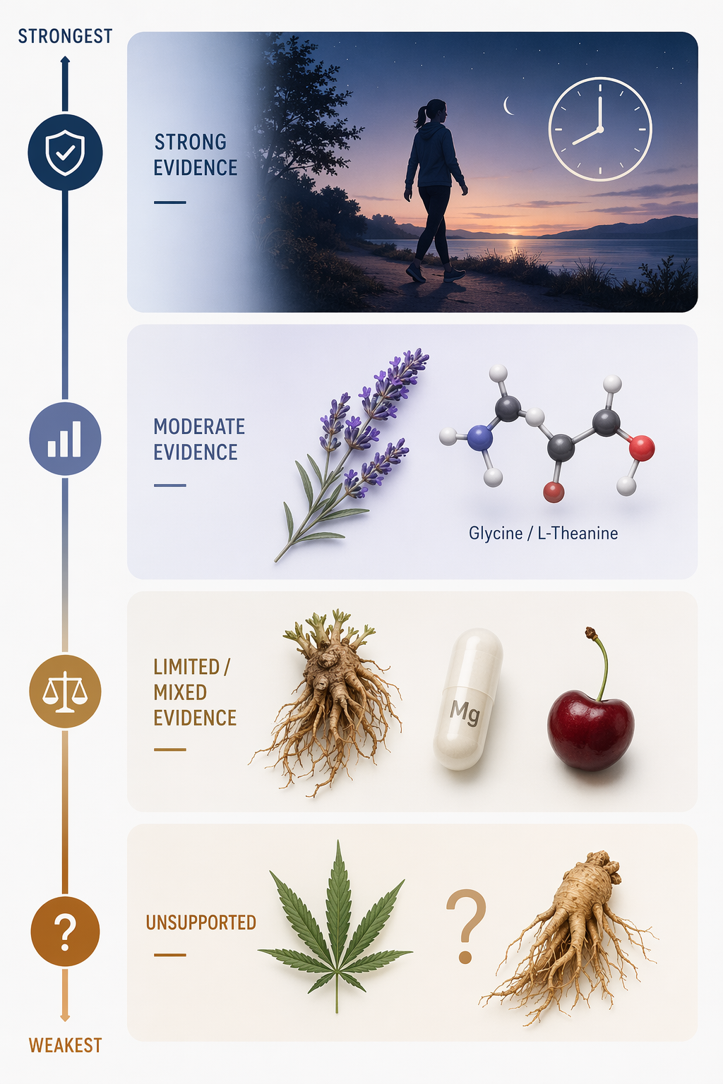 Four-tier evidence framework for sleep remedies from strong behavioral evidence to unsupported options