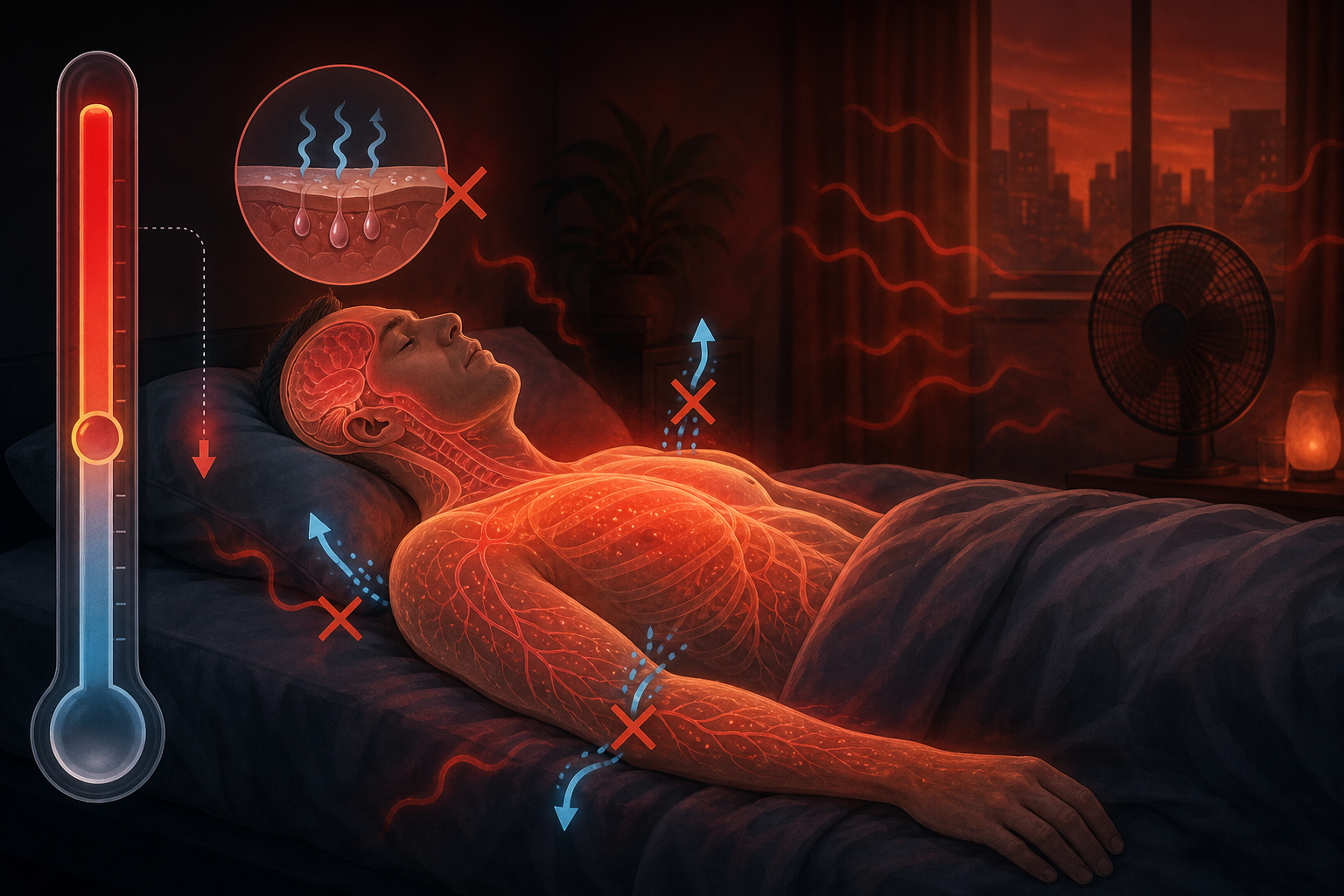 Scientific illustration of blocked core cooling in a warm dark room during a power outage