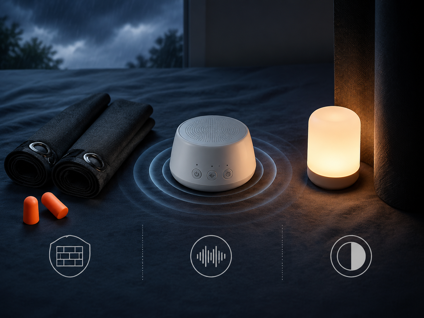 Earplugs, blackout curtains, a sound machine, and a dim nightlight arranged as thunderstorm sleep tools