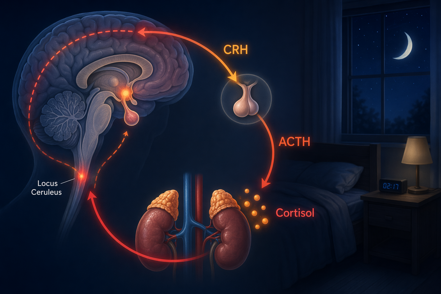 A diagram of the HPA axis and autonomic arousal loop with the hypothalamus, pituitary, locus ceruleus, and cortisol feedback shown in nighttime tones.