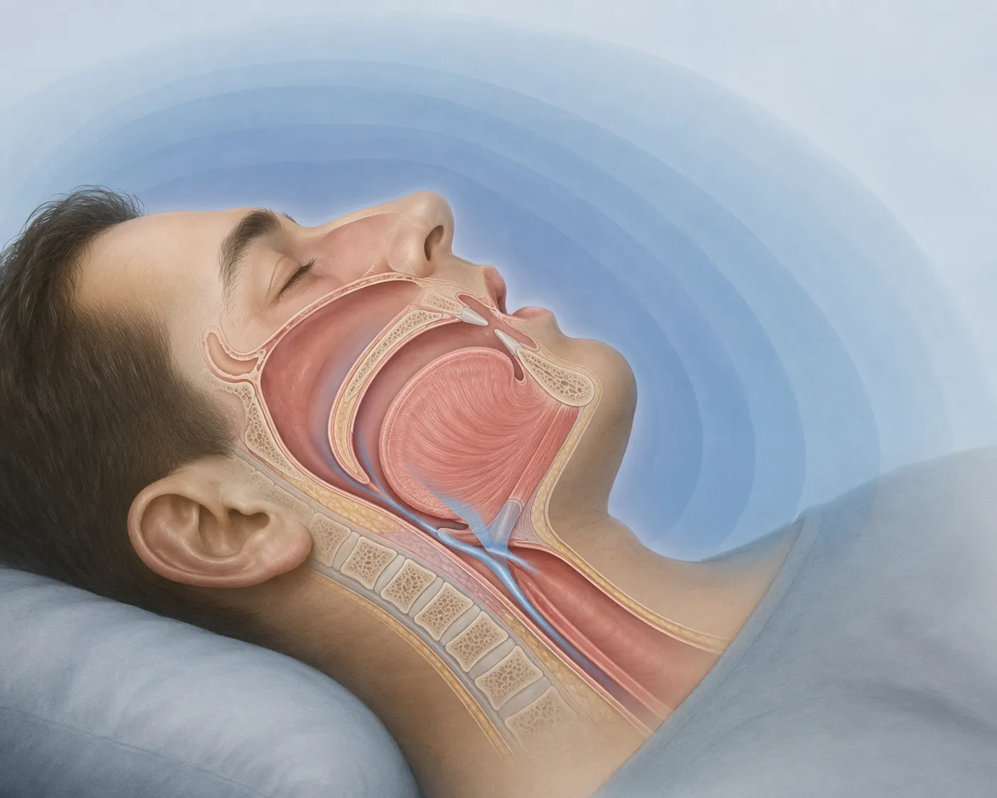 Medical illustration of a narrowed airway during sleep with a pressure gradient