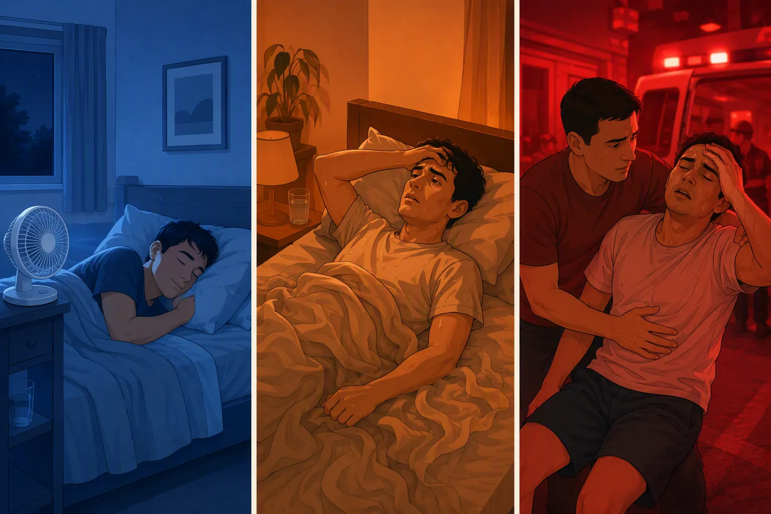 Three escalating heat-night scenes from a calm sleeper to an overheated emergency