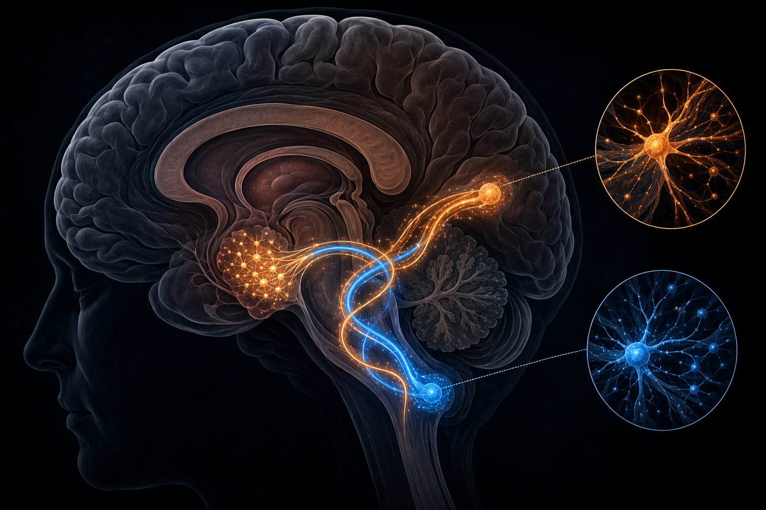 Neuroscience illustration of orexin signaling linking arousal and reward circuits in the lateral hypothalamus.