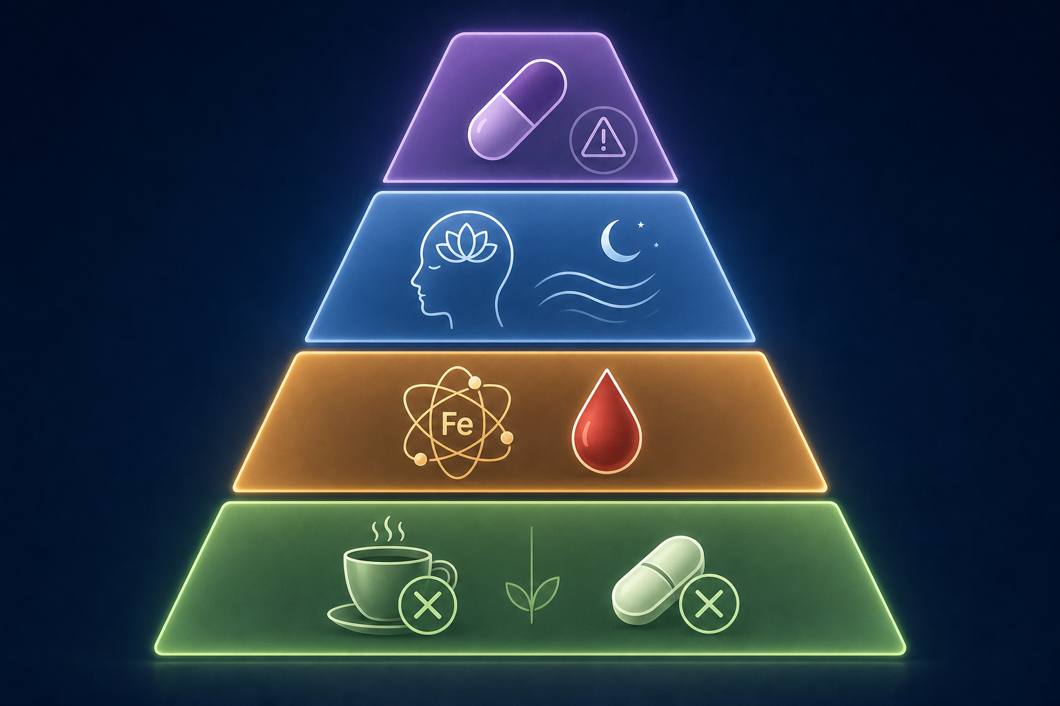 A four-tiered step-ladder diagram illustrating a clinical treatment hierarchy for RLS, from aggravator removal at the base through iron supplementation, behavioral therapy, and pharmacologic treatment at the top.