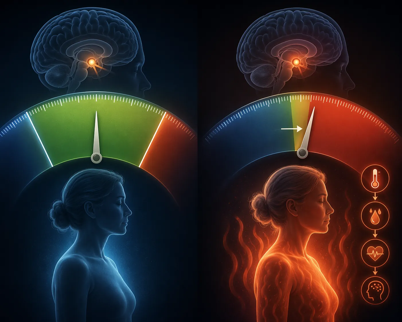 Hypothalamus thermostat diagrams showing a wider comfort zone before menopause and a narrowed zone that triggers hot flashes