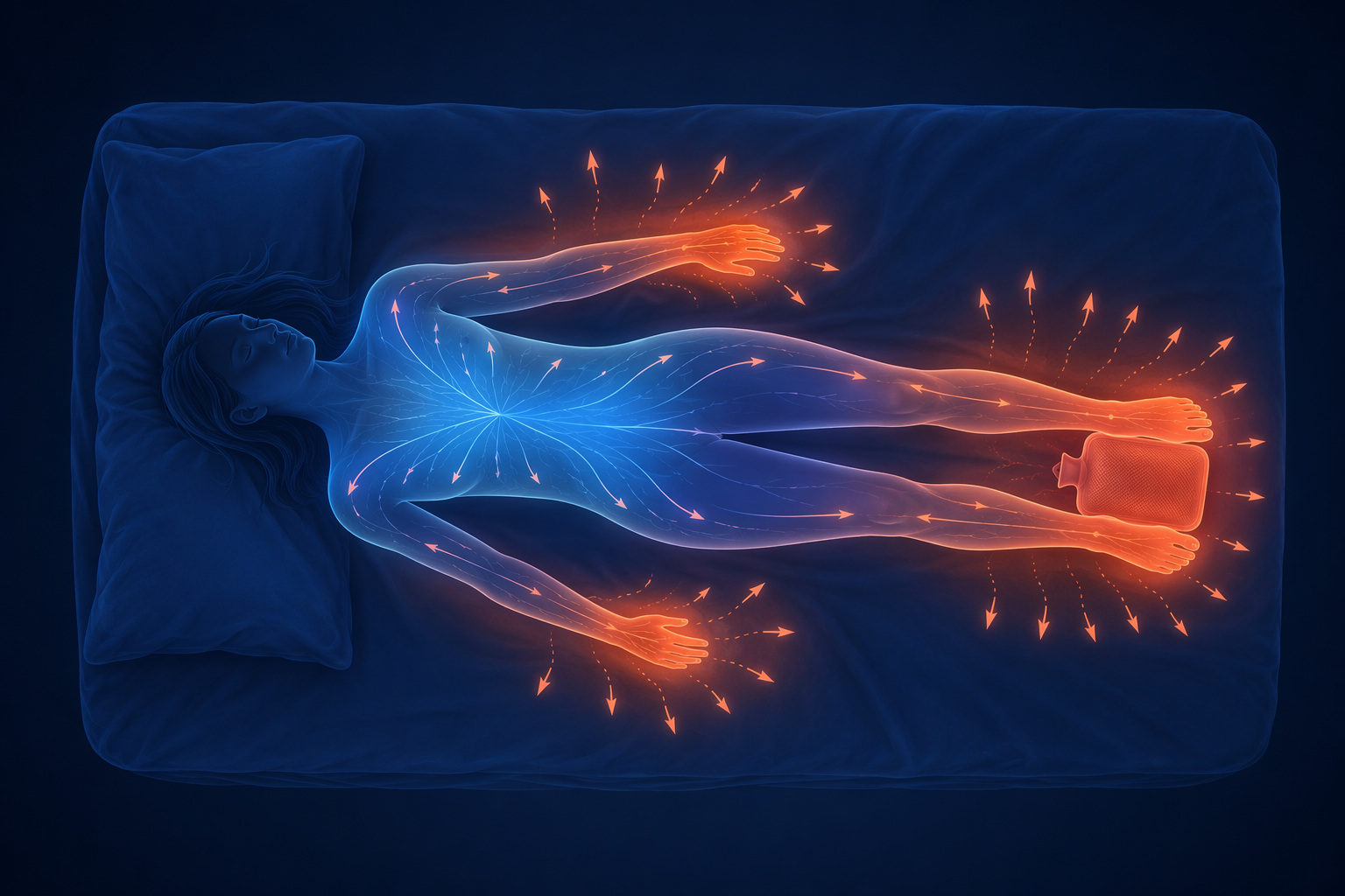 Illustration of warm hands and feet helping body heat move outward from a cooler core during sleep onset