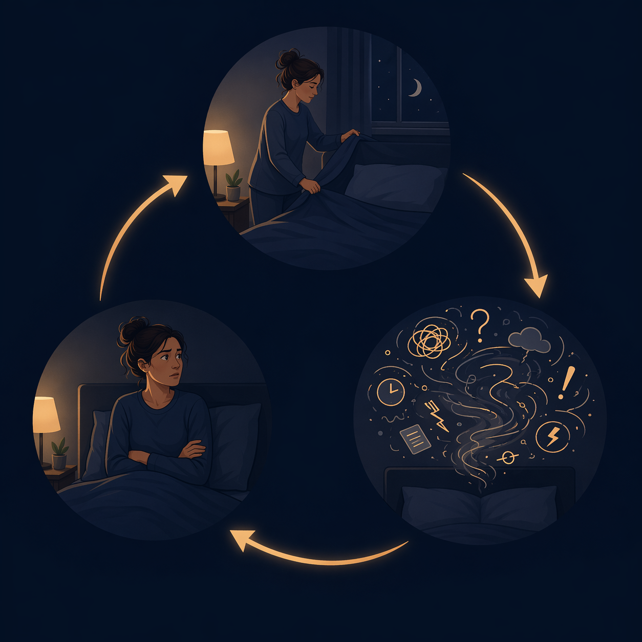 A circular diagram showing the bed-worry loop from getting into bed to rising tension and back again.
