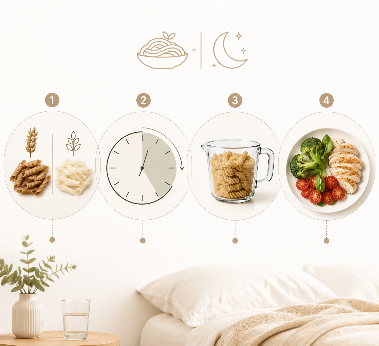 Four-panel visual showing pasta type, timing, portion size, and balanced pairings