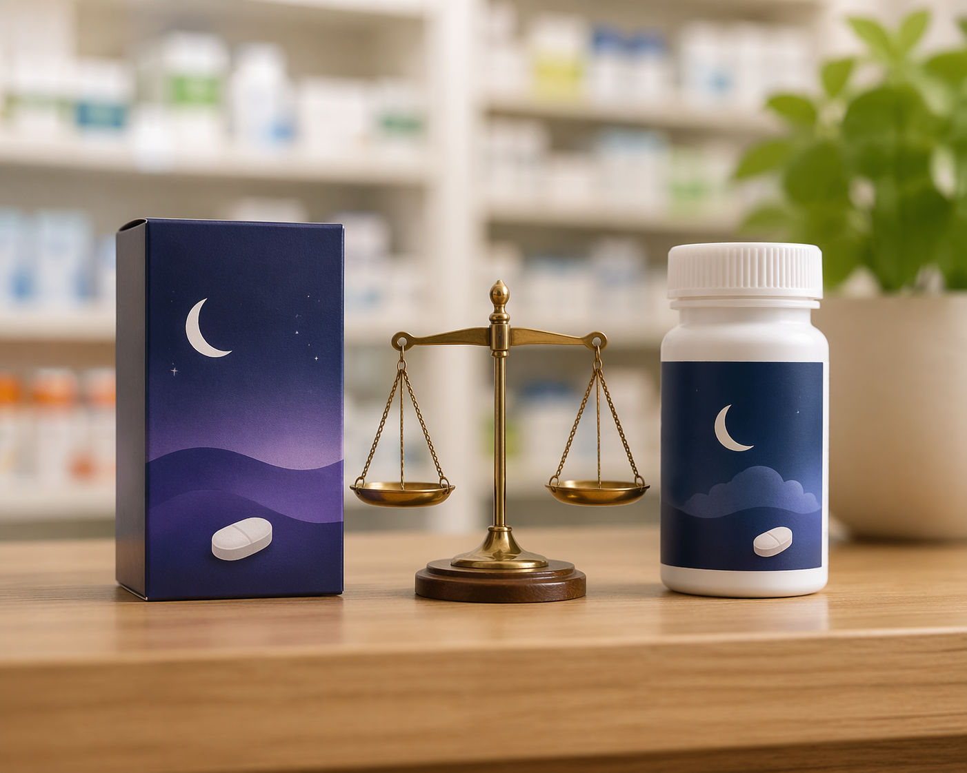 Two over-the-counter sleep aid bottles labeled doxylamine and diphenhydramine with a small scale between them
