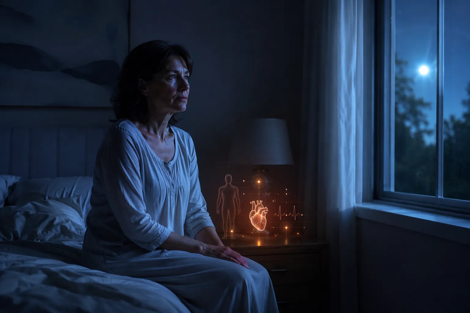 Midlife woman awake at night in a dim bedroom, suggesting the connection between fragmented sleep and heart health during menopause