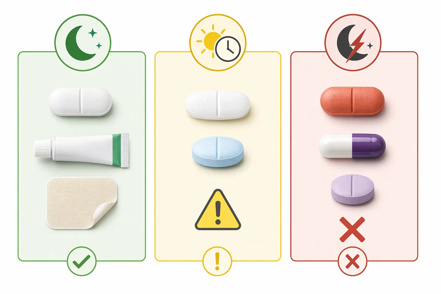 A green amber and red flat lay showing pain relief options arranged by sleep safety