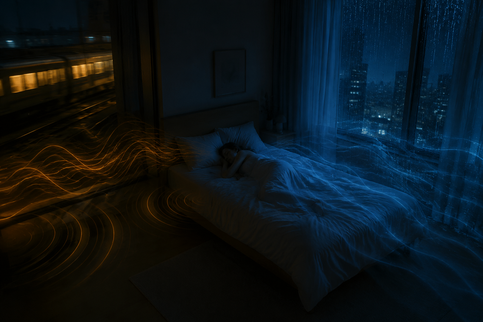 Night-time bedroom with train noise, structural vibration, and rain-related anxiety converging toward a sleeping person