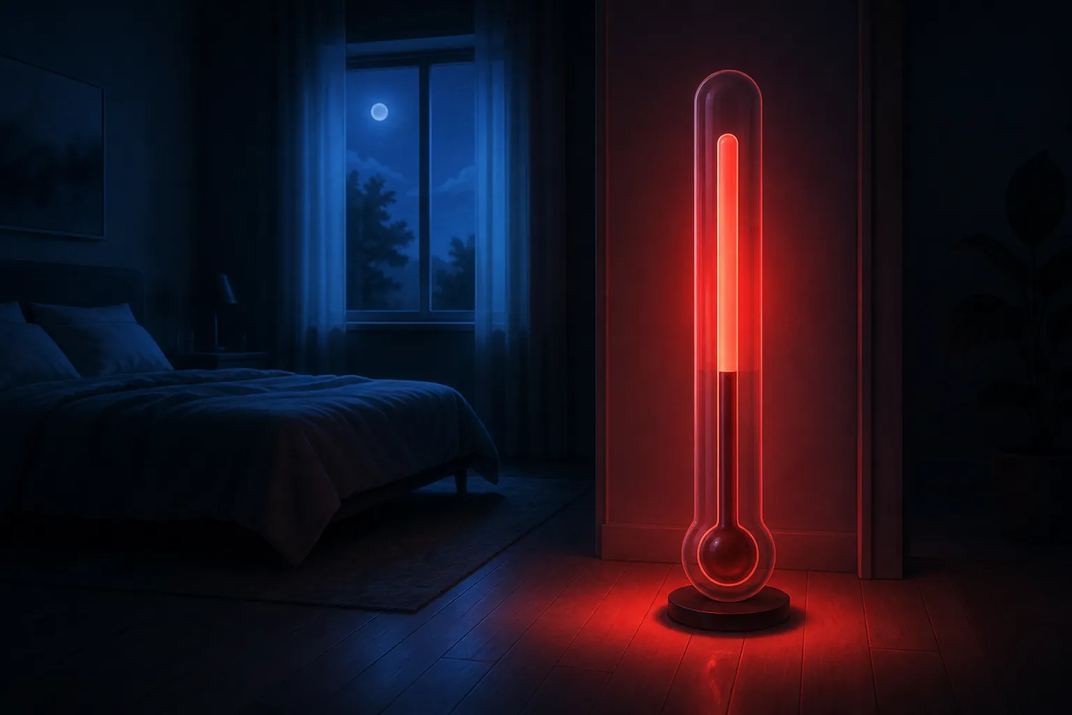 Glowing red thermometer in a dark bedroom showing the boundary between heat discomfort and danger
