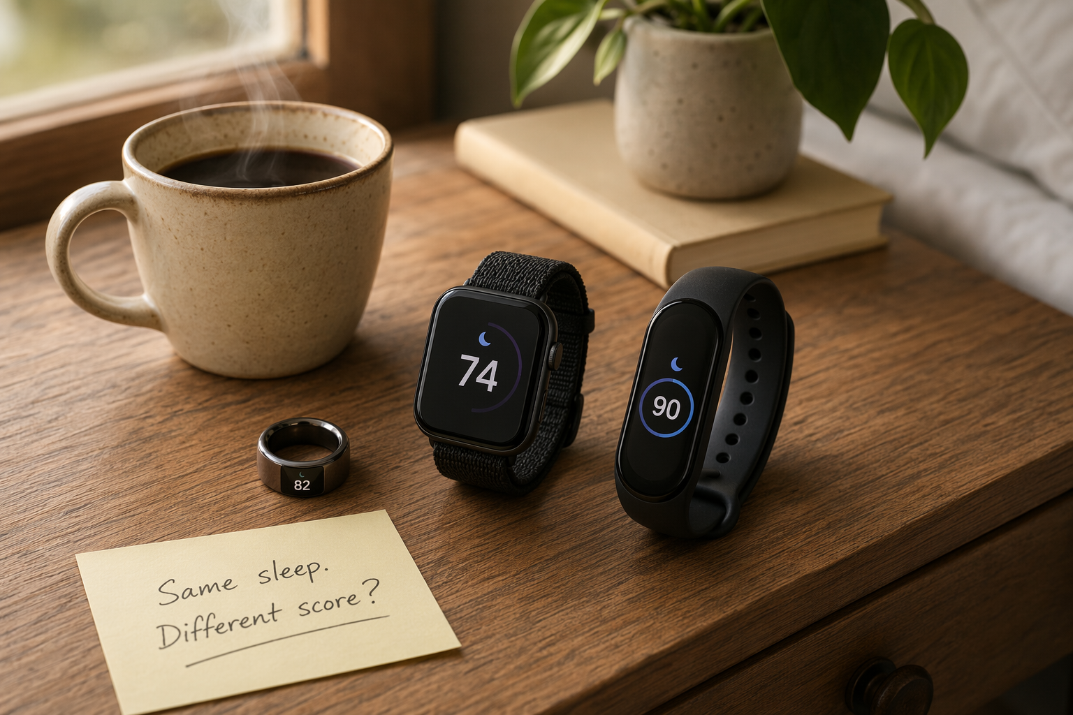 Smart ring, smartwatch, and fitness band on a nightstand showing different sleep scores beside a coffee cup