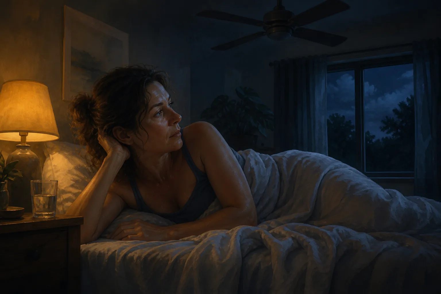 Woman lying awake in bed on a hot summer night with tangled sheets, a ceiling fan, and water on the nightstand