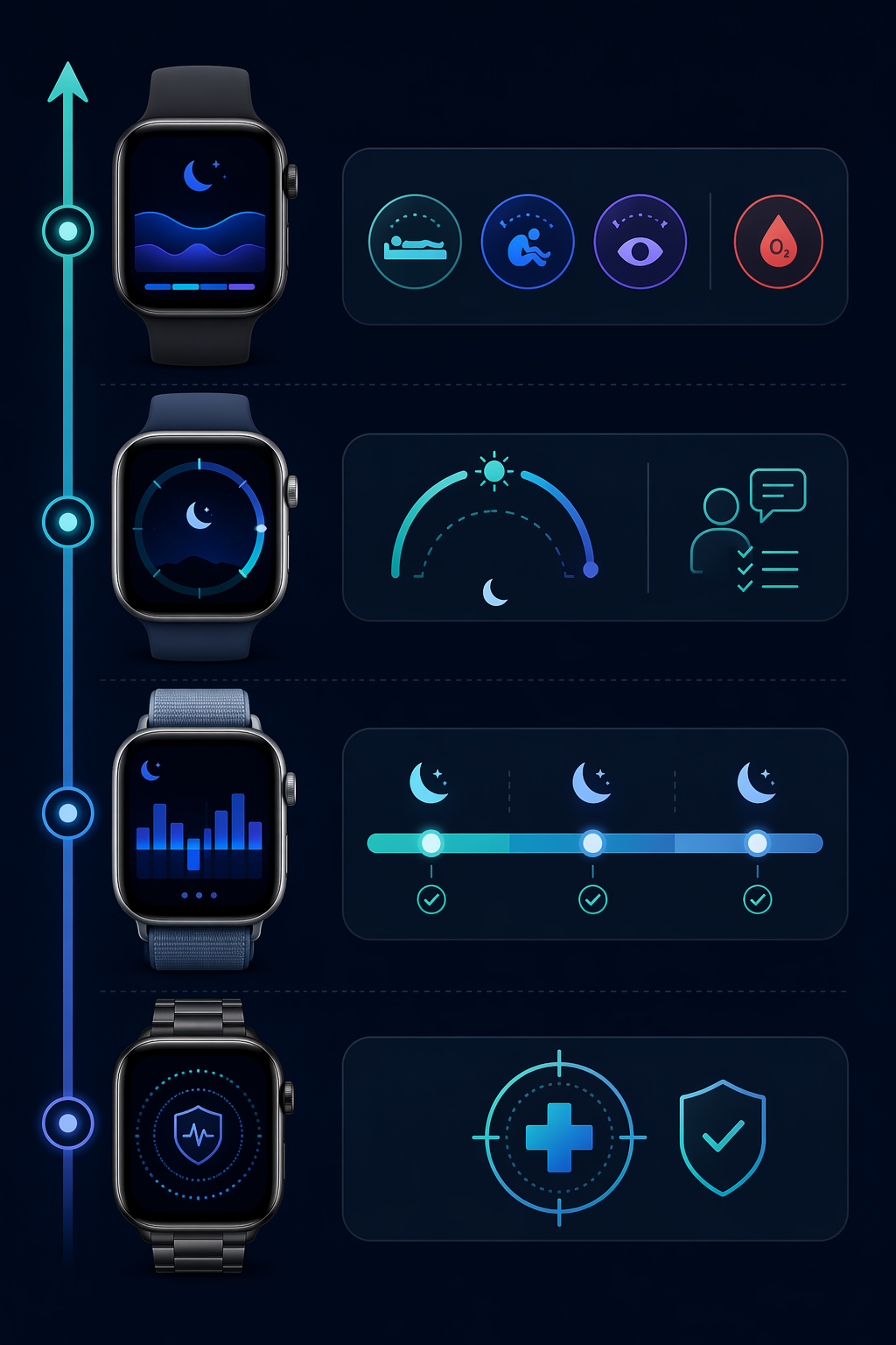 Four smartwatch sleep-data tiers from basic tracking to clinical screening
