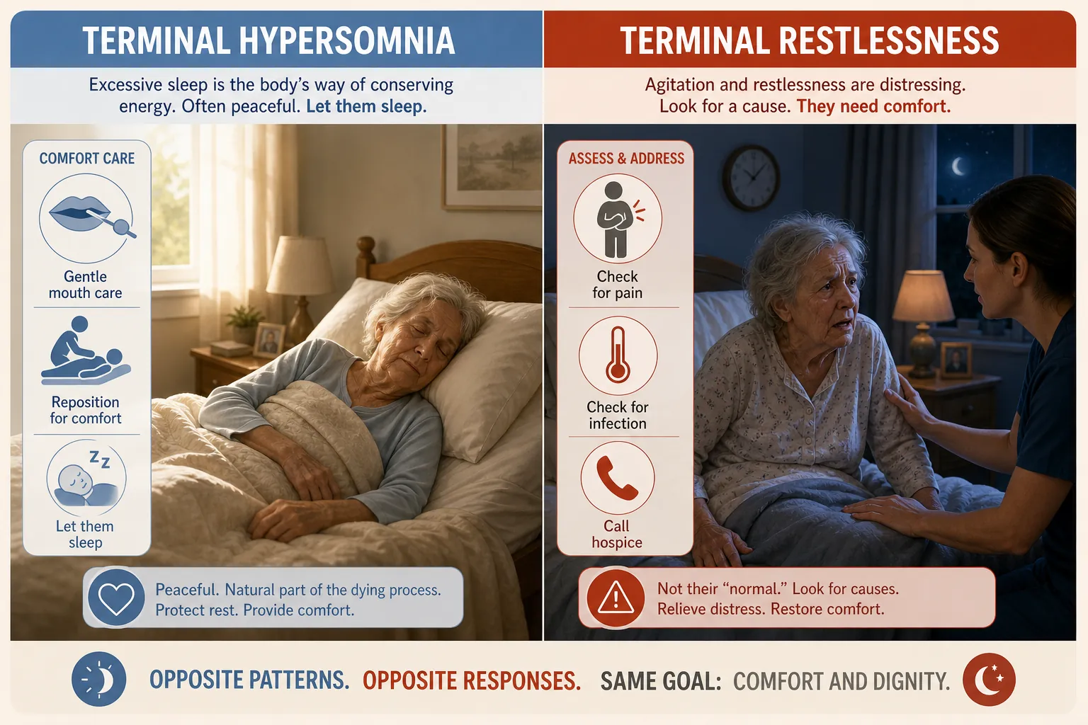 Side-by-side comparison of terminal hypersomnia comfort care and terminal restlessness assessment
