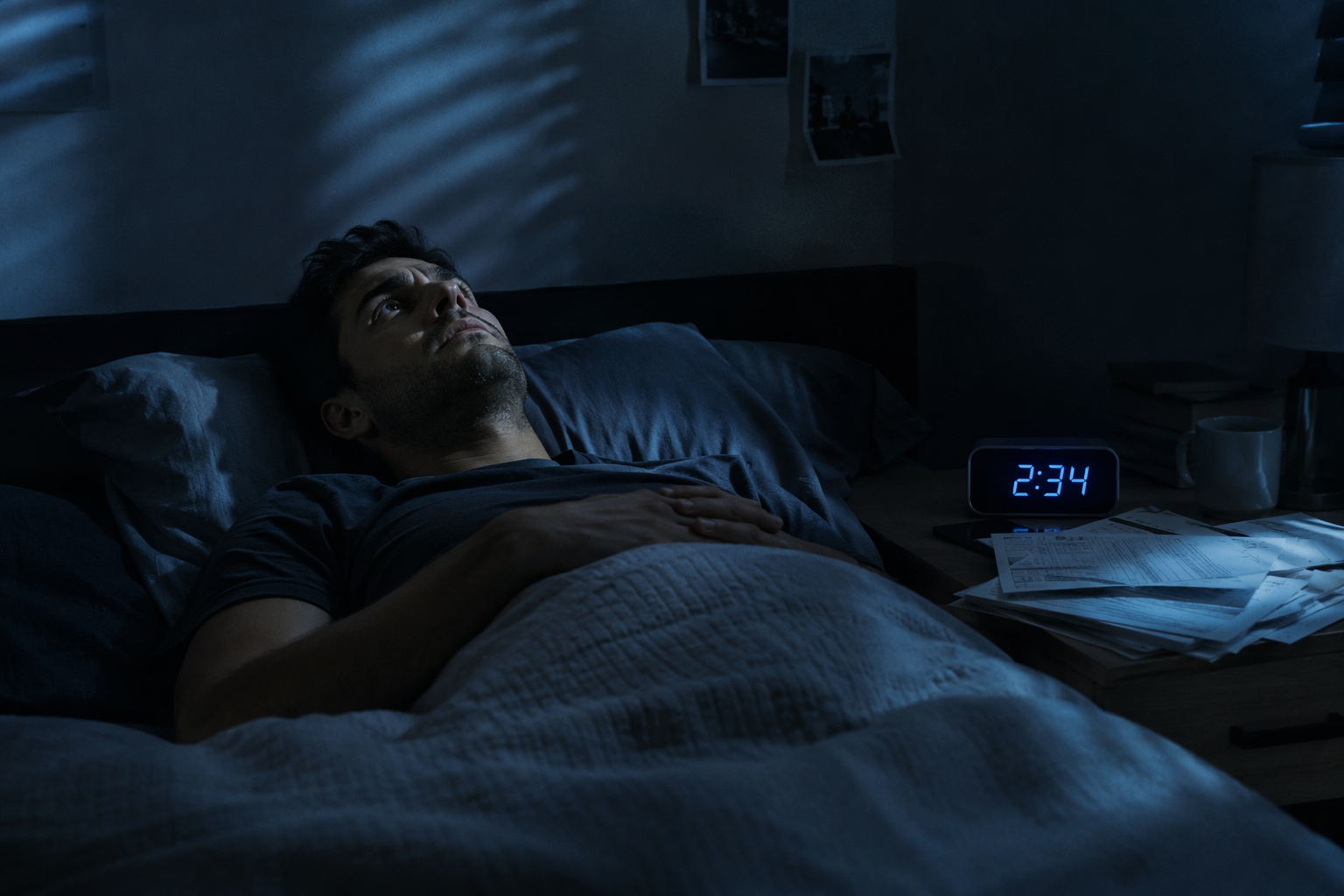 A person lying awake in a dim bedroom with student loan notices on the nightstand and an alarm clock showing 2:34 AM.