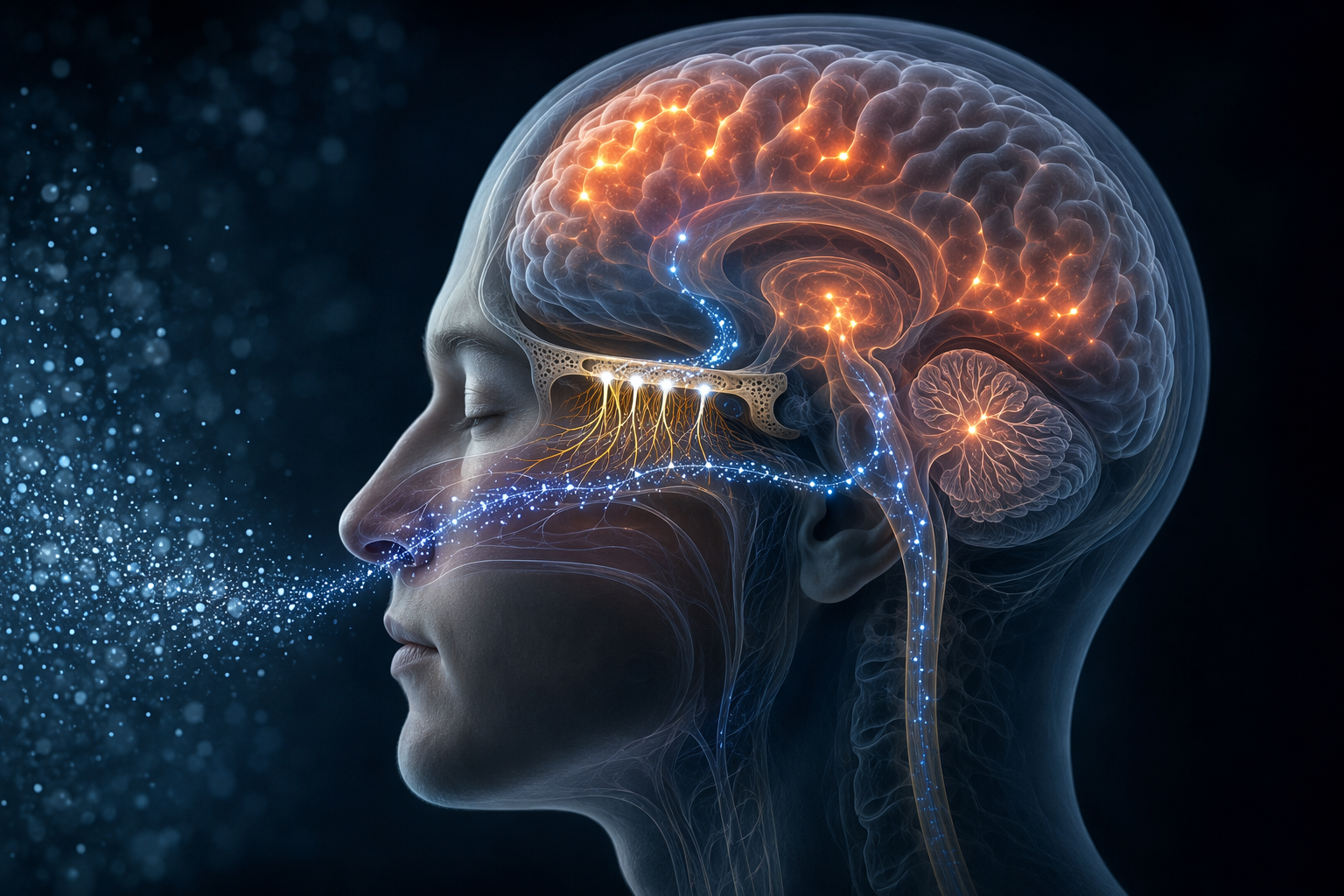 Olfactory nerve pathway carrying particles from the nasal cavity toward brain regions