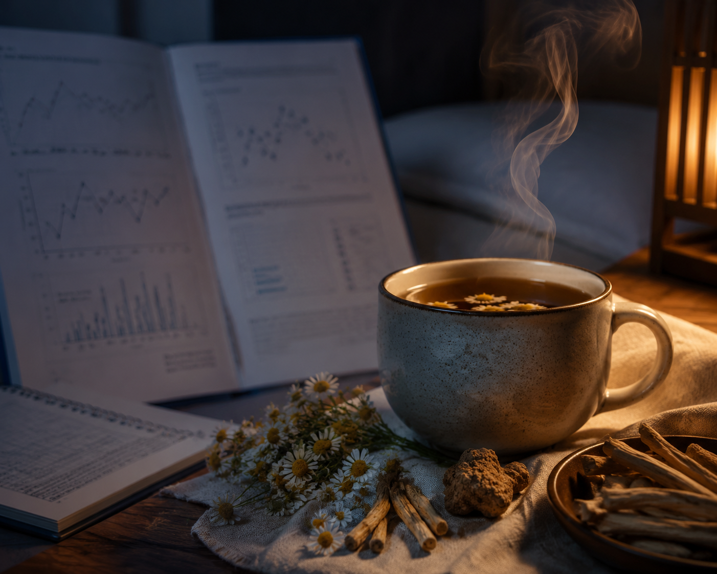 Steaming herbal tea with chamomile, valerian root, and ashwagandha beside journal pages