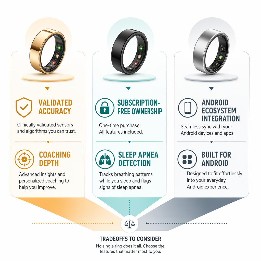 Three-column editorial comparison layout showing three ring choices with different emphasis: validated accuracy, subscription-free apnea detection, and ecosystem integration.