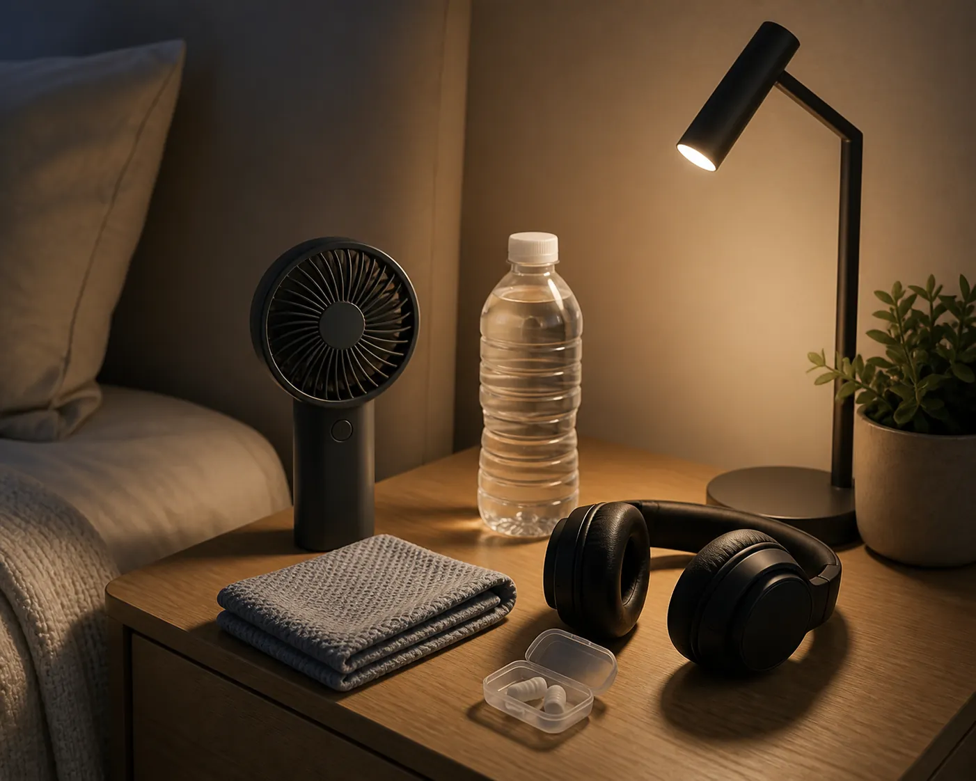 Nightstand prepared with a battery fan, headphones, cooling towel, water, and dim lamp before a storm