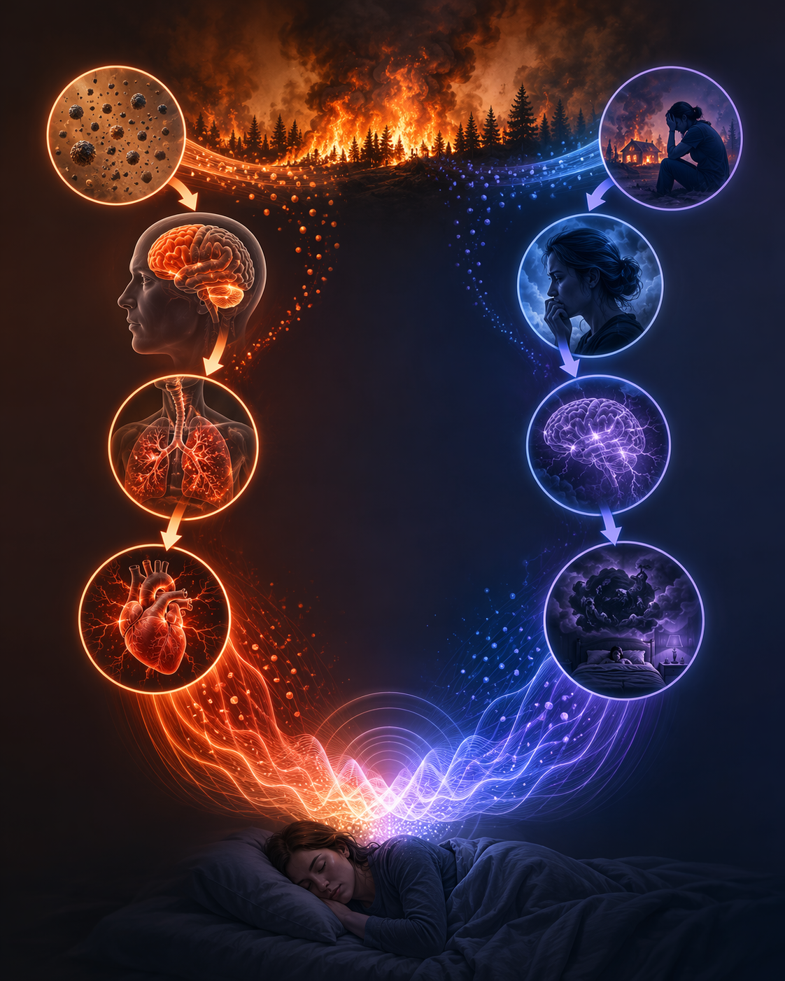 Two diverging pathways from wildfire smoke, one physiological and one psychological, converging on a sleeping figure.