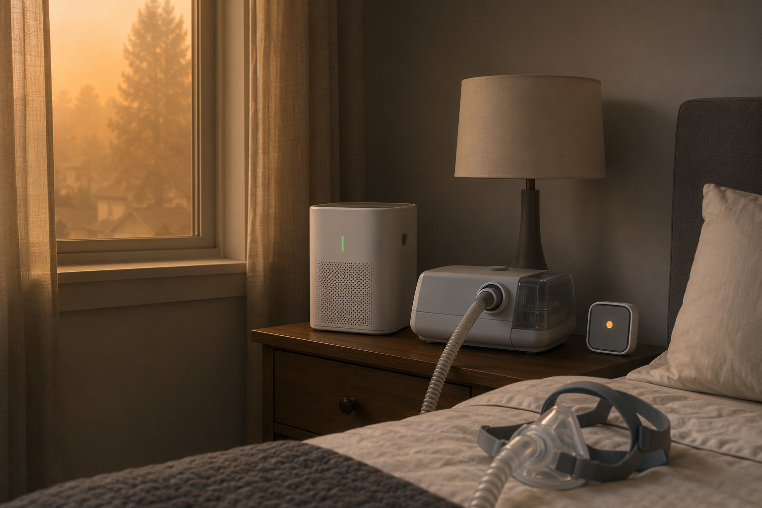 Bedroom with CPAP machine, HEPA air purifier, closed curtains, smoky outdoor light, and indoor air quality monitor