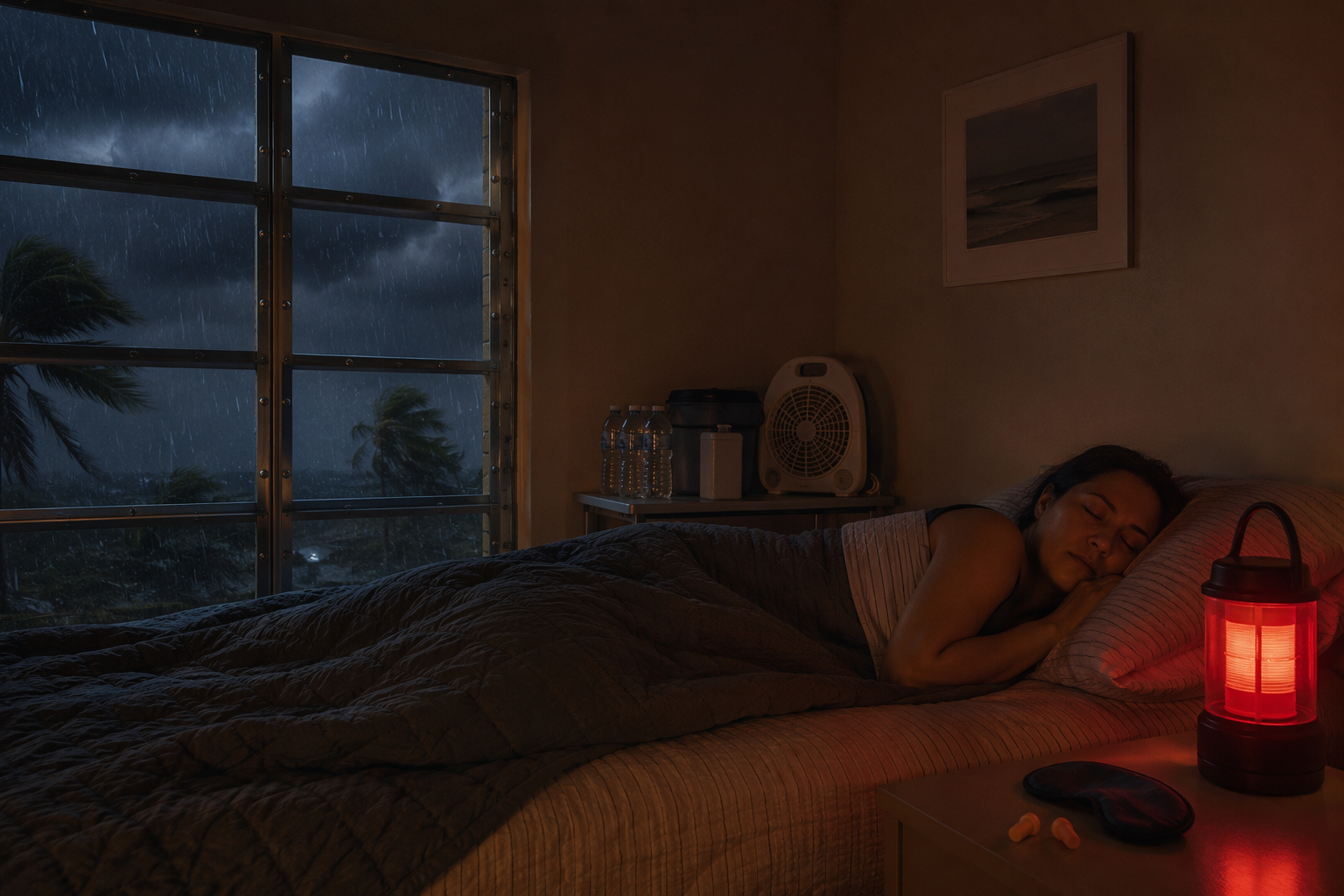 Dim bedroom during a hurricane with emergency sleep supplies on a nightstand and storm clouds outside a reinforced window