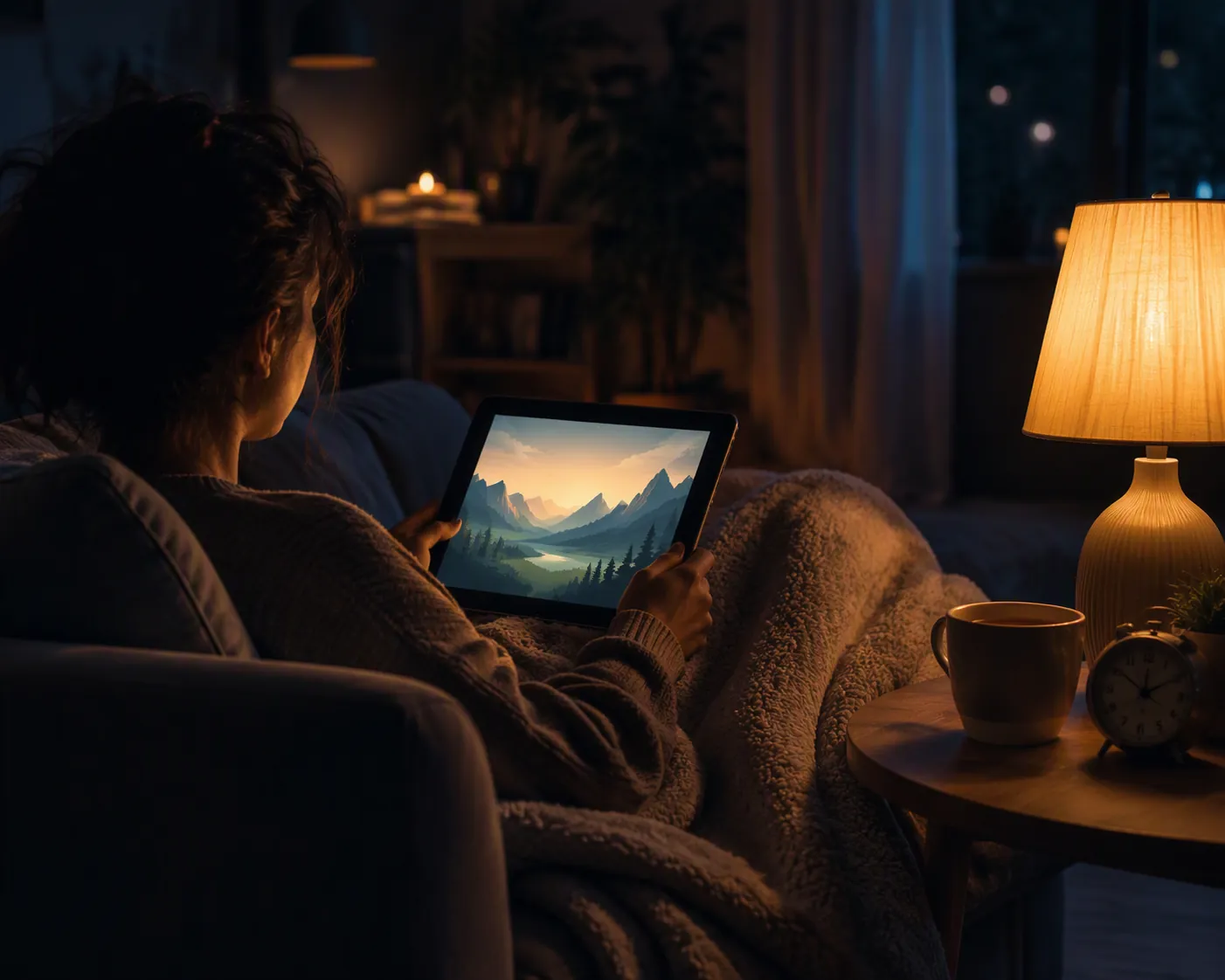 Adult wrapped in a blanket watching a dim tablet with a calm animated mountain scene during a quiet bedtime wind-down