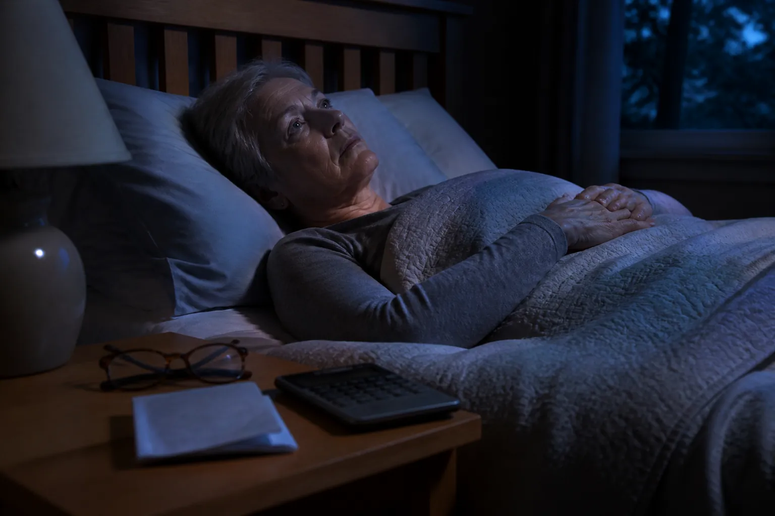 Older adult awake at night beside Medicare paperwork and a calculator