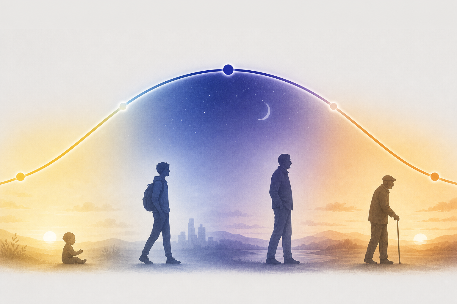 A curved arc flowing from warm golden tones on the left through cool blue-violet in the middle and back to amber-gold on the right, with silhouettes representing infant, teenager, adult, and older person beneath the arc.