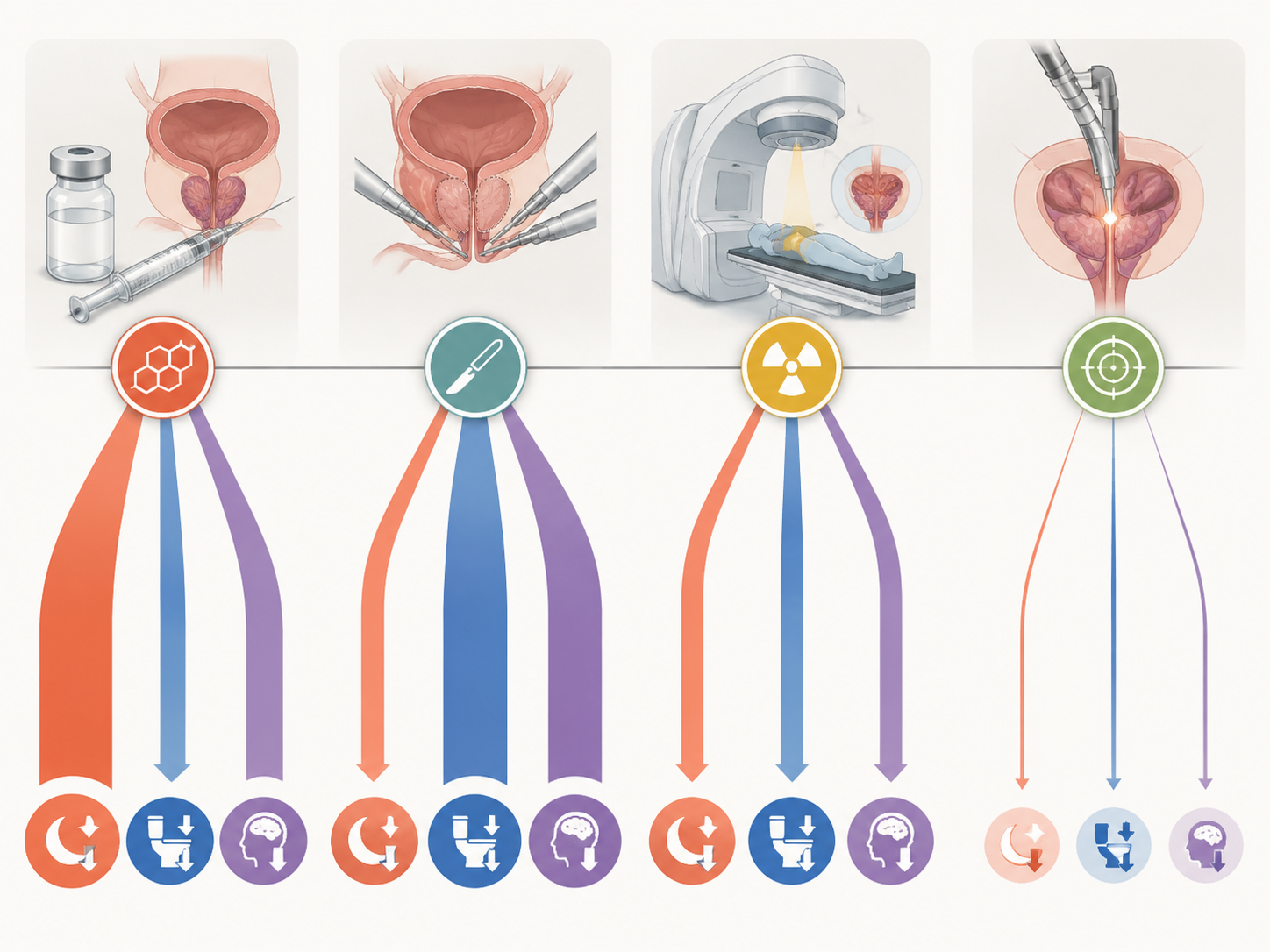 Comparison of ADT, surgery, radiation therapy, and focal therapy across hormonal, urinary, and psychological sleep-disruption pathways