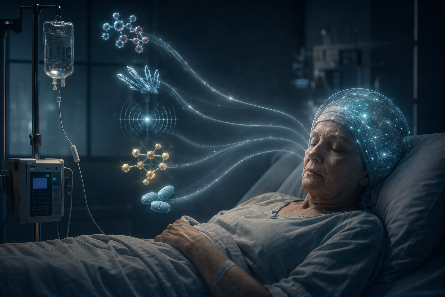 Infusion drip connected to a bed with a tired but wired sleeping figure