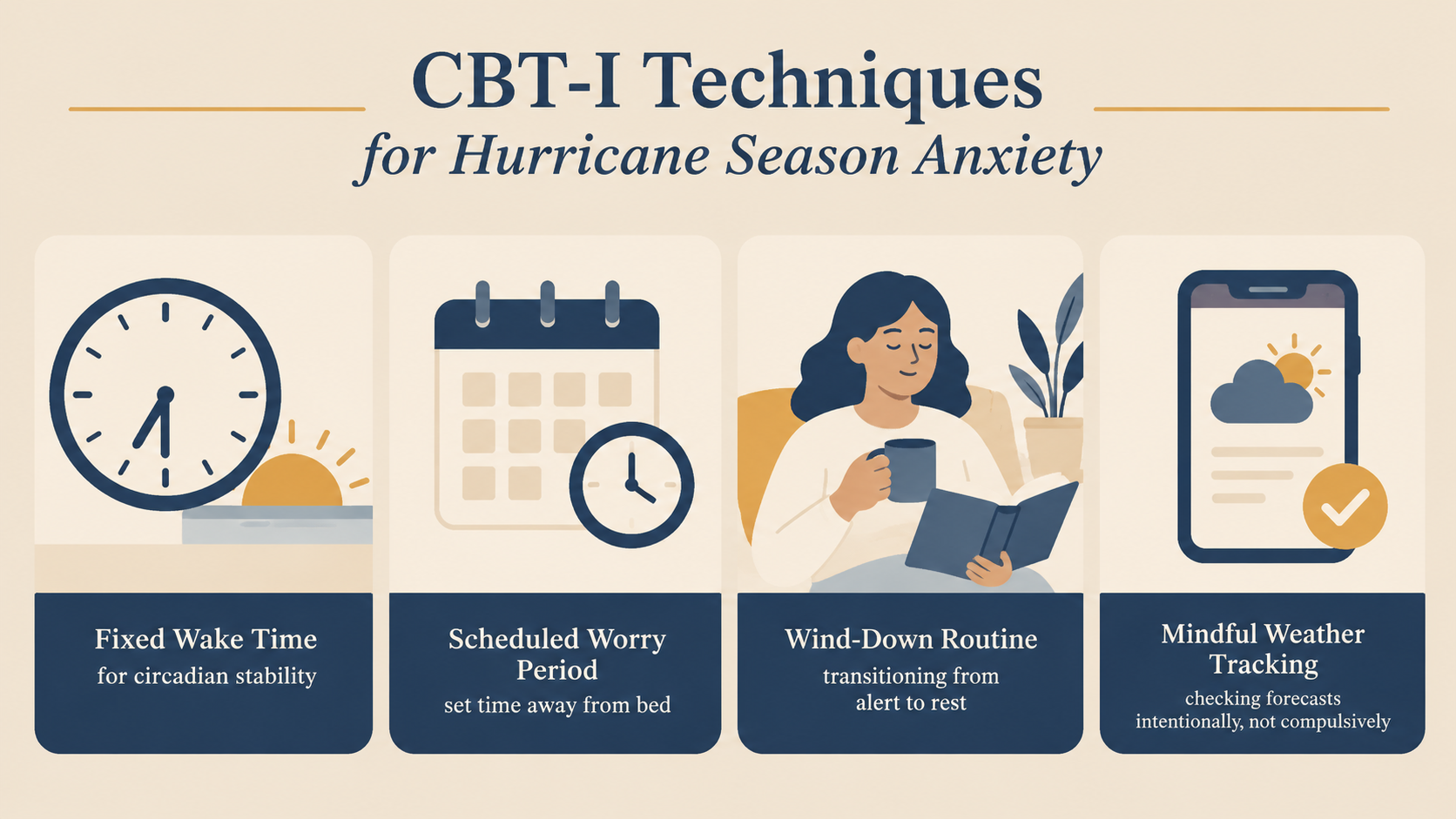 A four-panel framework shows fixed wake time, scheduled worry period, wind-down routine, and mindful weather tracking