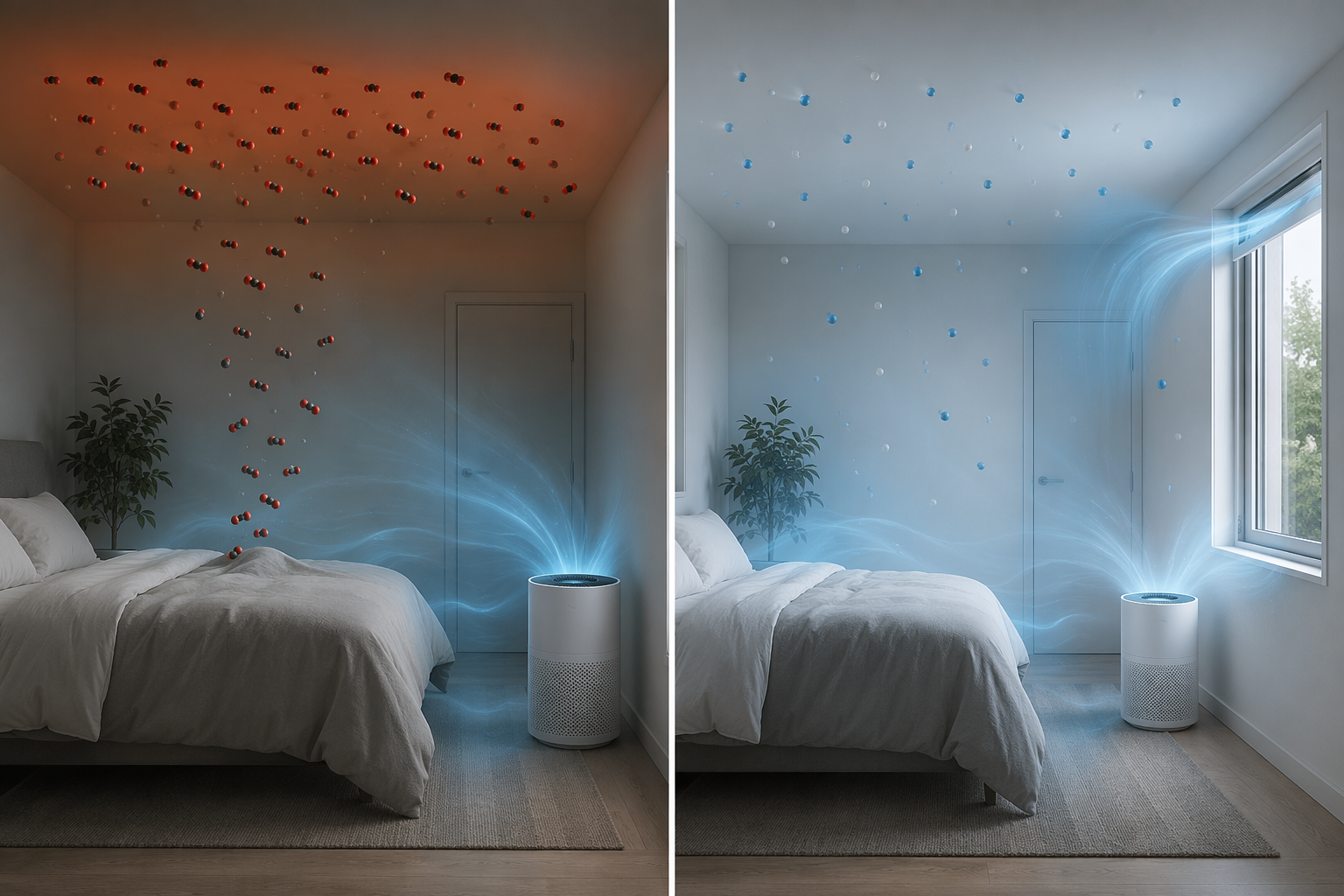 Split bedroom scene comparing a sealed room with accumulating CO2 and a balanced room with filtration and controlled ventilation