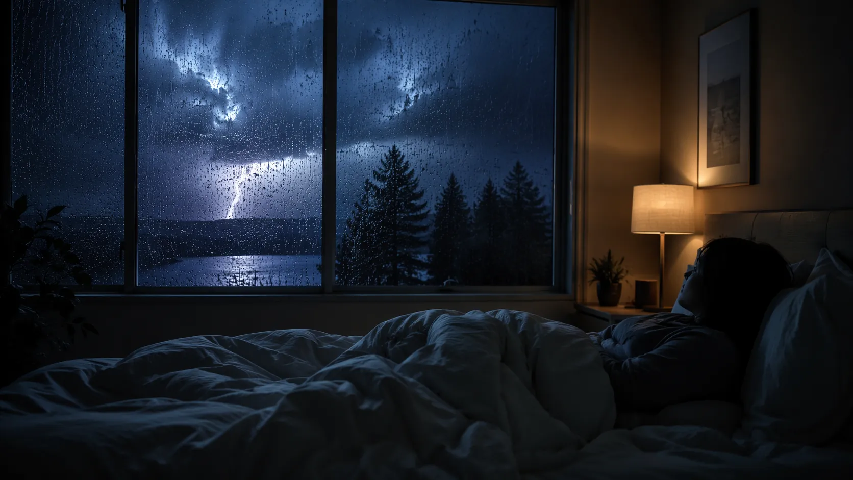 Person lying awake in a dim bedroom while heavy rain streaks down the window