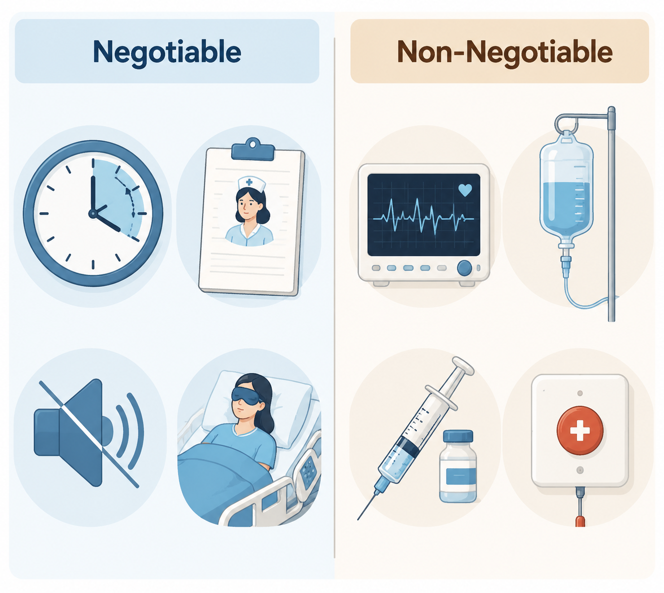 Illustration comparing negotiable hospital interruptions with non-negotiable monitoring