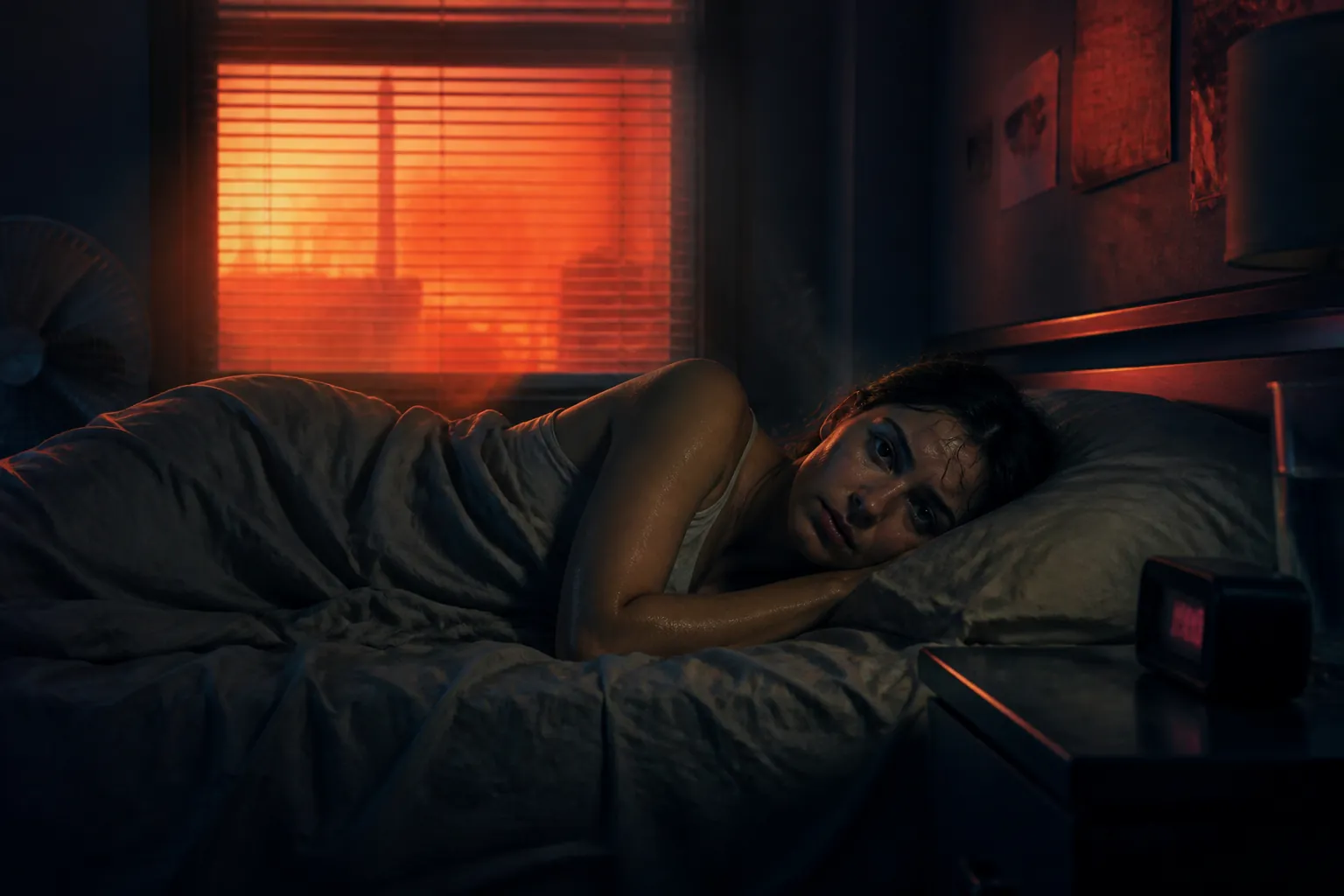 A person lying awake in bed during a sweltering summer night with warm light through the blinds and a digital alarm clock nearby