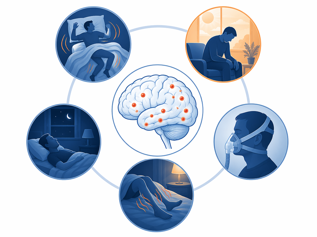 Five sleep disorder scenes surrounding a stylized brain with Lewy body deposits