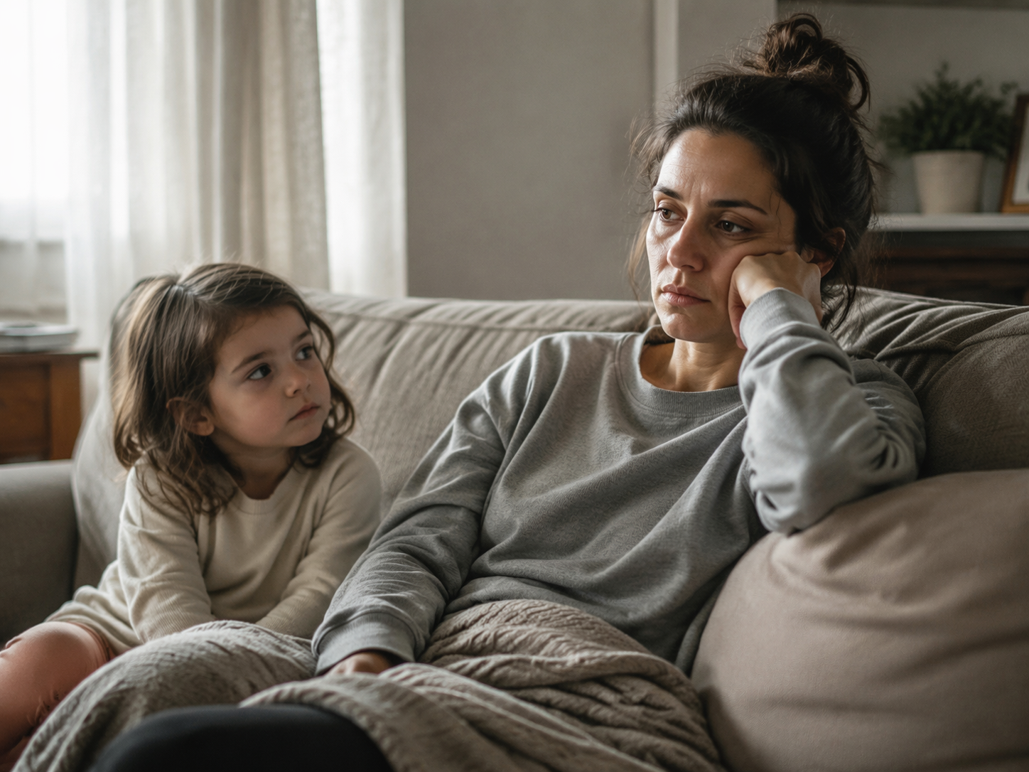 A tired parent on a sofa looks withdrawn while a young child watches with concern, illustrating emotional contagion.