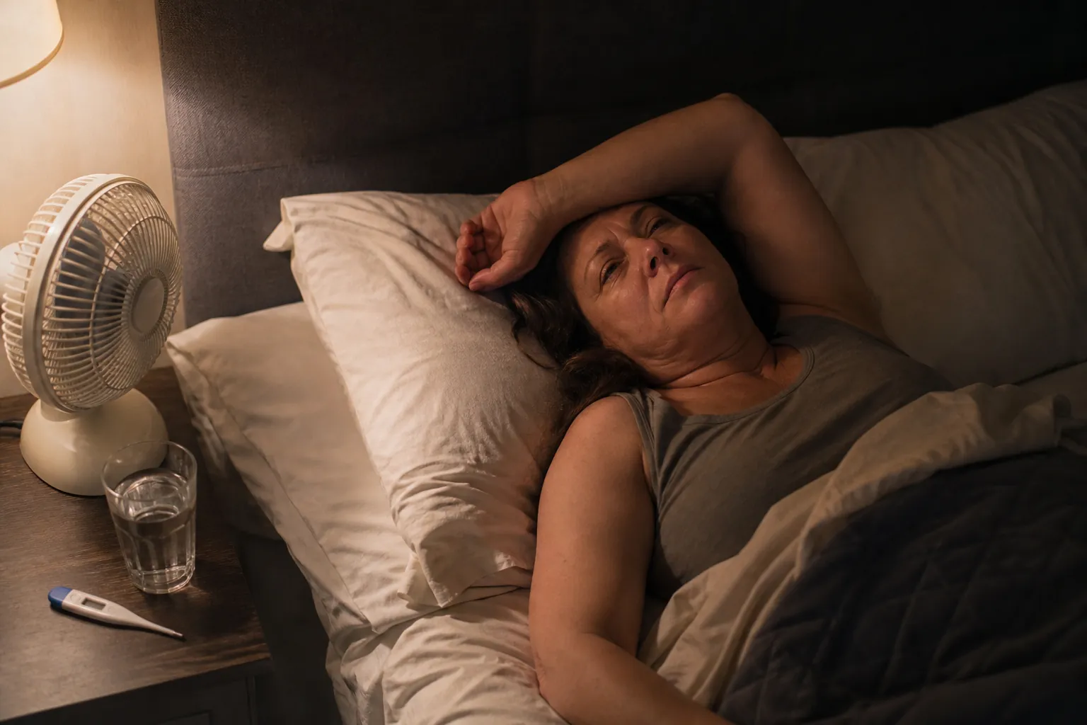 A middle-aged woman lying awake in a warm bedroom with a fan, water glass, and disheveled sheets