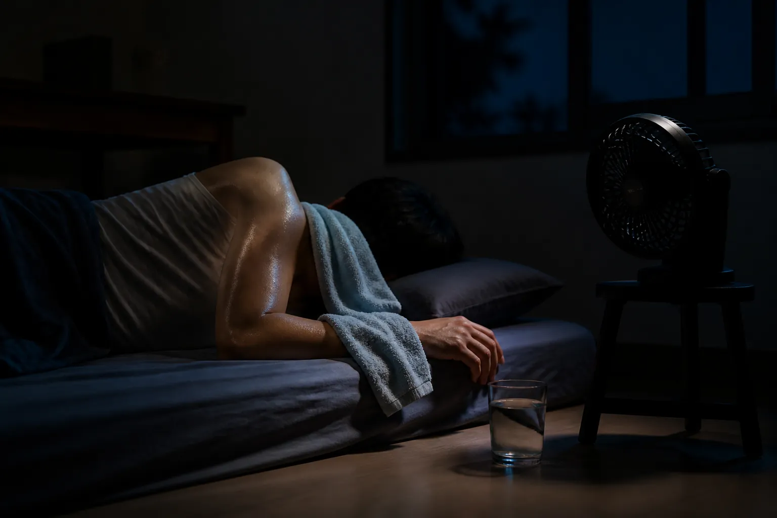 Person resting on a low mattress with damp cloths and a battery fan blowing across wet skin