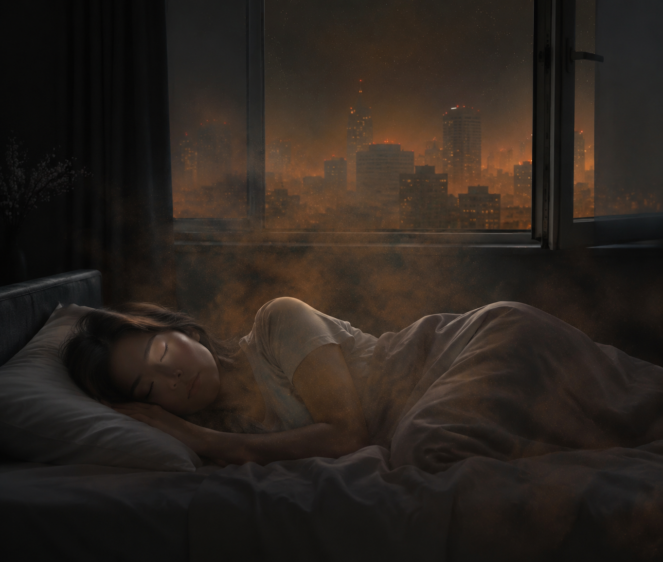 Person sleeping in a hazy nighttime bedroom with polluted city air visible outside