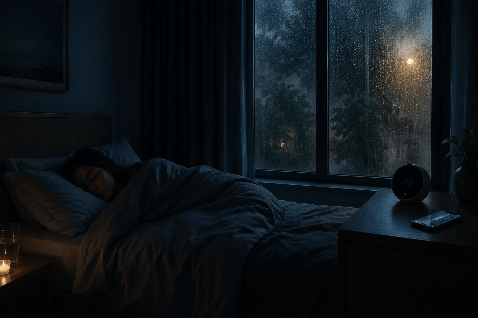A cool dark bedroom during heavy rain with a sleeping person, a phone playing rain sounds, and a humidity monitor
