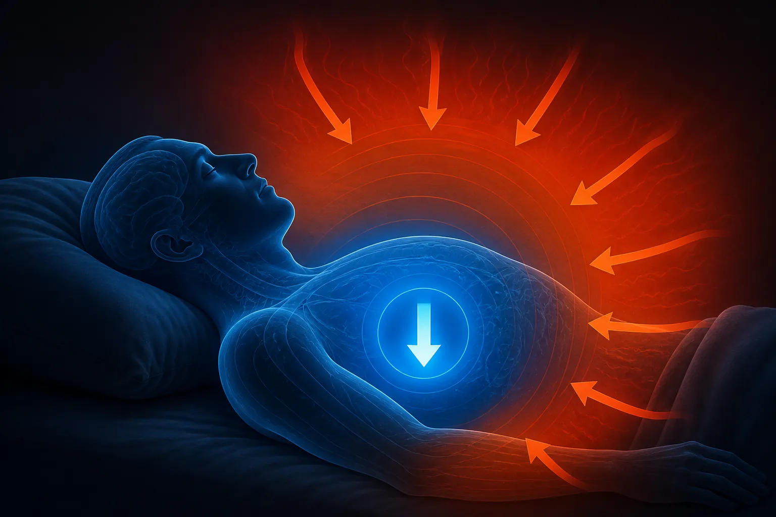 Illustration of ambient heat blocking the body’s core temperature from cooling during sleep