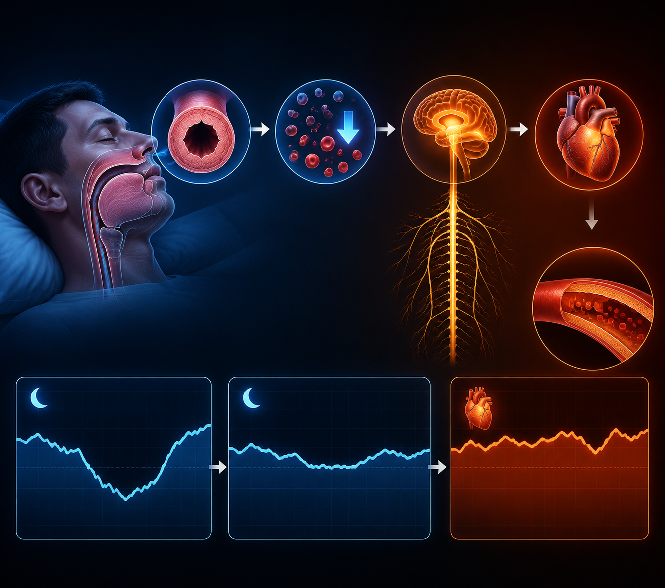Pathway from airway collapse to oxygen desaturation, sympathetic activation, disrupted nighttime blood pressure dipping, and elevated blood pressure