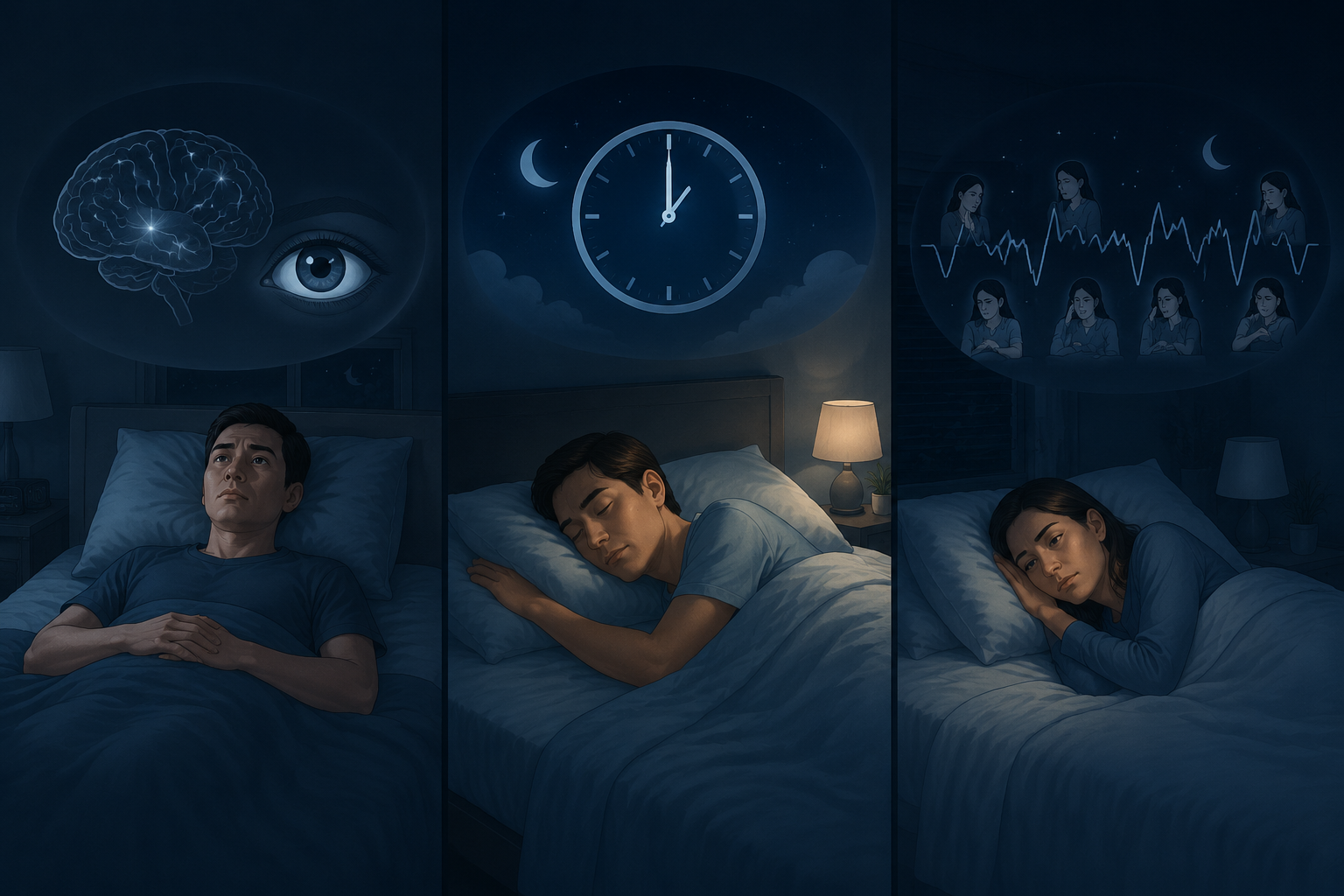 Three-panel illustration of insomnia, hypersomnia, and sleep fragmentation in cool blue tones